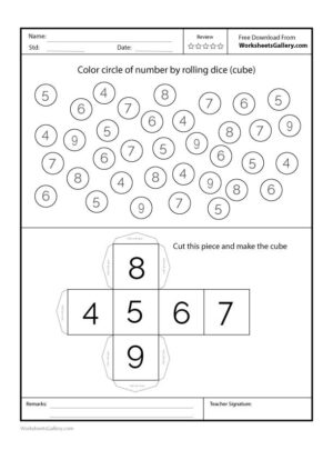 Interactive worksheet for preschoolers to color circles of numbers 4 to 9 by rolling a dice.