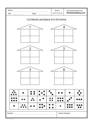 Preschool worksheet featuring a house with four blocks for placing numbers 1 to 6 in the correct spots.