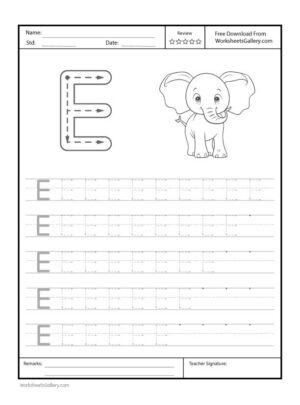 Capital Letter E Free Printable Worksheet for Preschool featuring a traceable letter E and an elephant drawing for coloring.