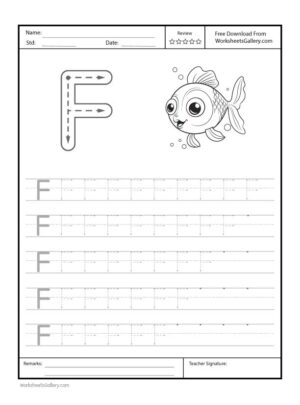 Capital Letter "F" Free Printable Worksheet for Preschool featuring a traceable letter "F" and a fish drawing for coloring.