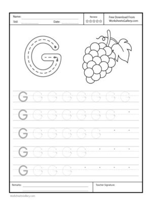 Capital Letter "G" Free Printable Worksheet for Preschool with a traceable letter "G" and a grapes drawing for coloring.