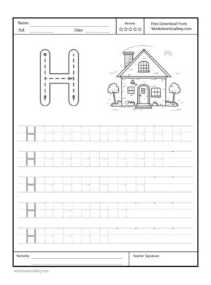 Capital Letter "H" Free Printable Worksheet for Preschool with a traceable letter "H" and a house drawing for coloring.