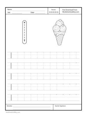 Capital Letter "I" Free Printable Worksheet for Preschool featuring a traceable letter "I" and an ice cream drawing for coloring.