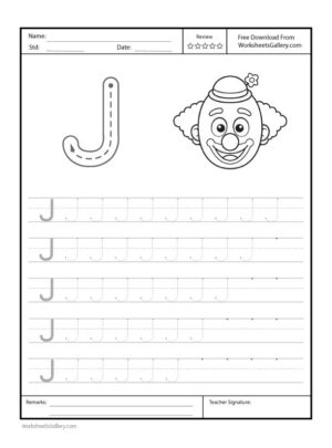 Capital Letter "J" Free Printable Worksheet for Preschool featuring a traceable letter "J" and a joker drawing for coloring.