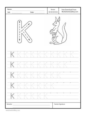 Capital Letter "K" Free Printable Worksheet for Preschool featuring a traceable letter "K" and a kangaroo drawing for coloring.