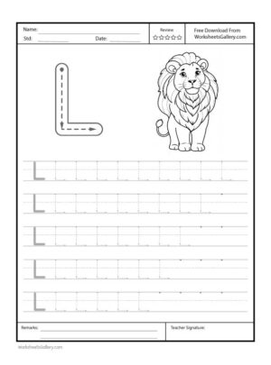 Capital Letter "L" Free Printable Worksheet for Preschool featuring a traceable letter "L" and a lion drawing for coloring.