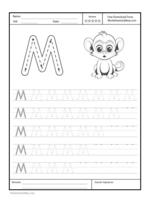 Capital Letter "M" Free Printable Worksheet for Preschool featuring a traceable letter "M" and a monkey drawing for coloring.