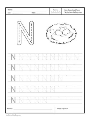 Capital Letter "N" Free Printable Worksheet for Preschool featuring a traceable letter "N" and a nest drawing for coloring.