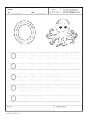 Capital Letter "O" Free Printable Worksheet for Preschool featuring a traceable letter "O" and an octopus drawing for coloring.