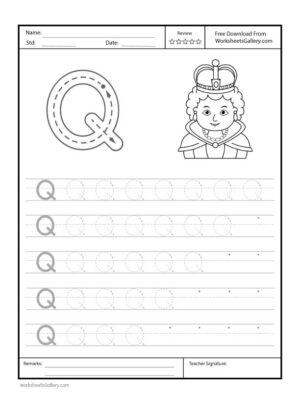 Capital Letter "Q" Free Printable Worksheet for Preschool featuring a traceable letter "Q" and a queen drawing for coloring.