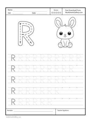 Capital Letter "R" Free Printable Worksheet for Preschool featuring a traceable letter "R" and a rabbit drawing for coloring.