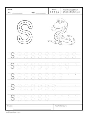 Capital Letter "S" Free Printable Worksheet for Preschool featuring a traceable letter "S" and a snake drawing for coloring.