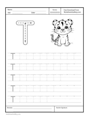 Capital Letter "T" Free Printable Worksheet for Preschool featuring a traceable letter "T" and a tiger drawing for coloring.