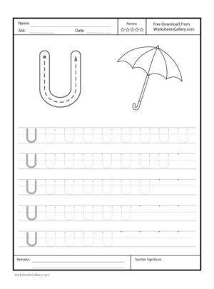 Capital Letter "U" Free Printable Worksheet for Preschool featuring a traceable letter "U" and an umbrella drawing for coloring.