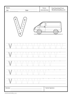 Capital Letter "V" Free Printable Worksheet for Preschool featuring a traceable letter "V" and a van drawing for coloring.