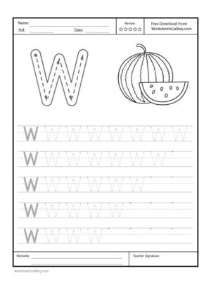 Capital Letter "W" Free Printable Worksheet for Preschool featuring a traceable letter "W" and a watermelon drawing for coloring.