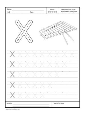 Capital Letter "X" Free Printable Worksheet for Preschool featuring a traceable letter "X" and a xylophone drawing for coloring.