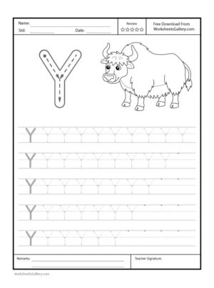 Capital Letter "Y" Free Printable Worksheet for Preschool featuring a traceable letter "Y" and a yak drawing for coloring.