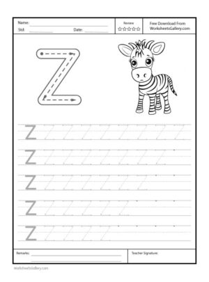 Capital Letter "Z" Free Printable Worksheet for Preschool featuring a traceable letter "Z" and a zebra drawing for coloring.