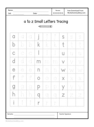 A to Z worksheet containing lowercase letters of English alphabets where every letter is written three times side by side for better tracing in context of Preschools.