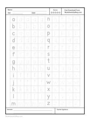 Preschool handwriting practice worksheet – lowercase letters: a-z with five copies of each letter prepared in a single page for the students to practice on tracing.