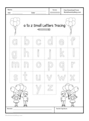 A single-page worksheet featuring a to z lowercase letters, each repeated twice, with tracing guides for preschool handwriting practice.