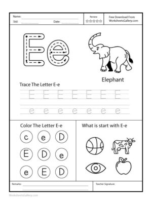 Alphabet E tracing worksheet for preschool kids with capital and small letter practice
