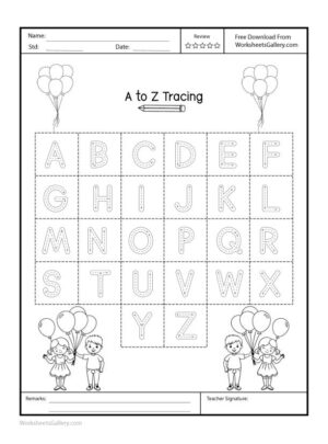 A to Z alphabet tracing worksheet for kids with dotted letters for handwriting practice